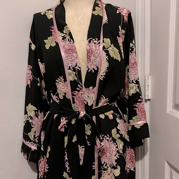 Oscar De La Renta Pink Label Vintage Y2K Black Floral Silky Tie Kimono Robe - Picture 4 of 5